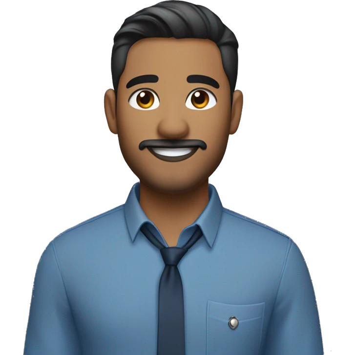 navajo  emoji of a man with short dark hair, clean-shaven, goatee and mustache.  wearing a formal button-up DARK blue shirt,  smiling  with a smartwatch on his wrist. and wearing small silver chain necklace  resemble professional attire. smaller eyes  emoji