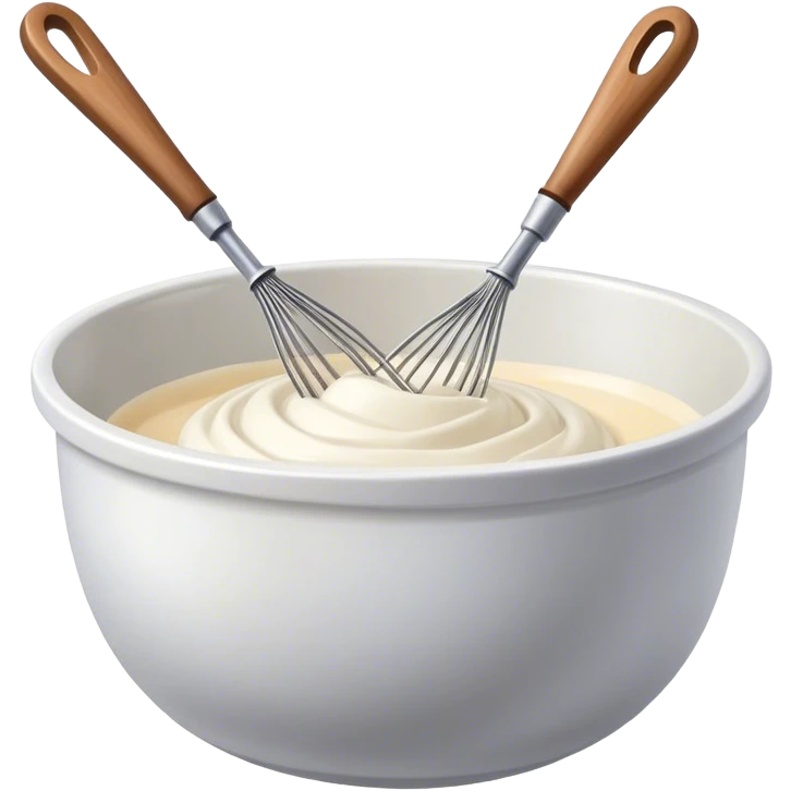 Cinematic Realistic Whisk & Mixing Bowl, a well-used metal whisk resting in a smooth ceramic mixing bowl, light reflecting off the whisk’s polished surface, subtle smears of batter along the rim, glowing with a sense of warmth and creativity. emoji