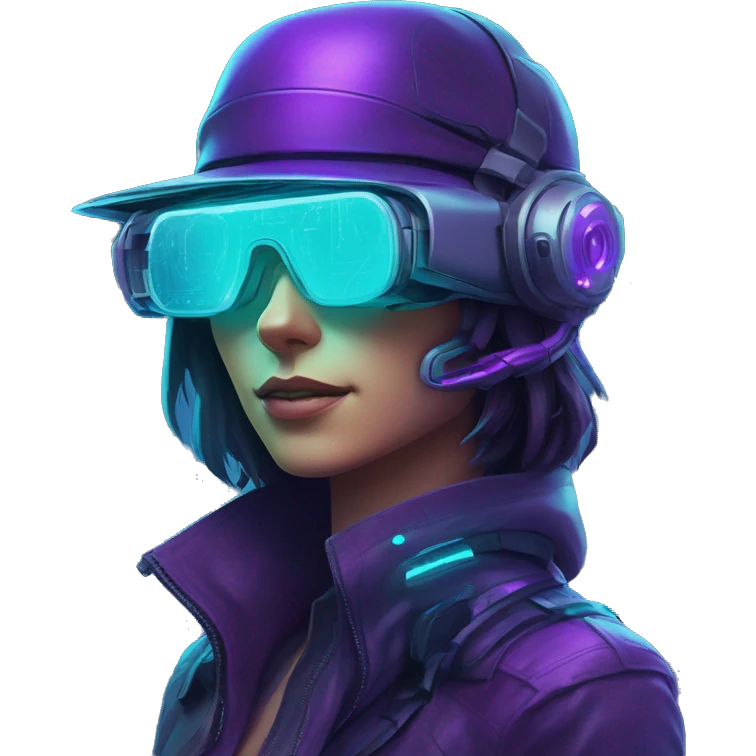 Secret human agent in a hat with  cyberpunk elements in Apple VR googles scanning looking reviewing multicolor lines of code, cyan and purple colors, only upper body portrait emoji
