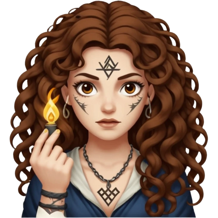 woman with long curly brown hair, brown eyes, white skin, tattoos, raising one eyebrow as a rune lights up “obvious” emoji