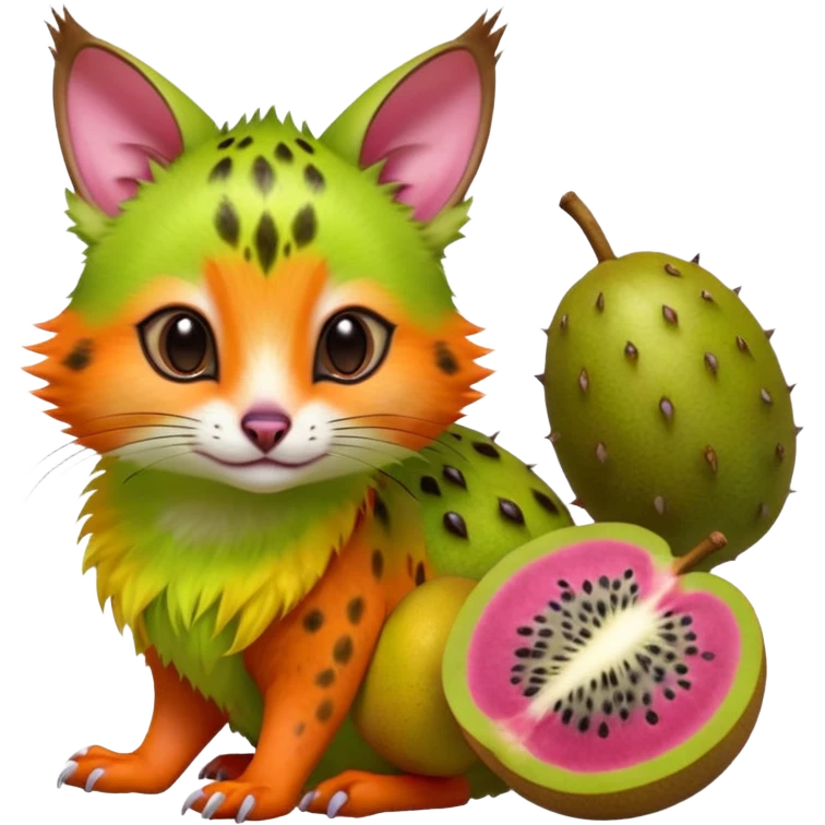 Hyper realistic  tropical-fruit-splash-colored fur of kiwi-green-lime-green-gradients, papaya-orange, and dragonfruit-pink chaos beautiful elegant pretty precious cute  Fakémon-Pokémon-opossum-feline-serval-caracal-chinchilla-Furret-Minccino-hybrid-creature with a big fluffy bushy tail (full body) emoji