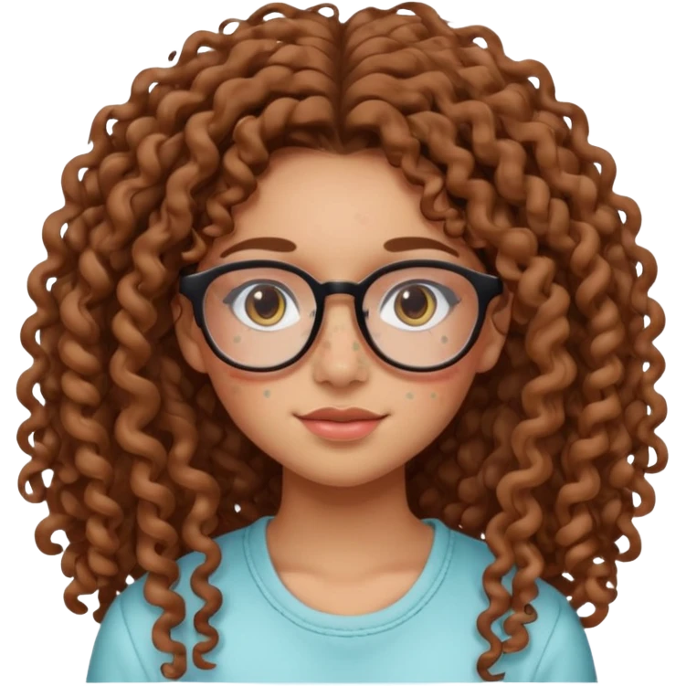 make a really curly hair, teen girl with glasses and little acne that looks like freckles longer like more than shoulder lengthcurly hair, and pretty withe makeup on giving clean girl vibes, and make her have tan skin more blush and really pretty, and the har is really really long

 emoji
