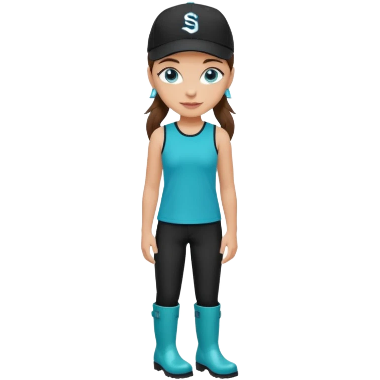 A landscaper in a beautiful turquoise longsleve and turquoise rubber boots, black pants, and a black sleeveless shirt. On her head is a black color Swissotel baseball cap. The girl is a brunette with blue eyes. emoji