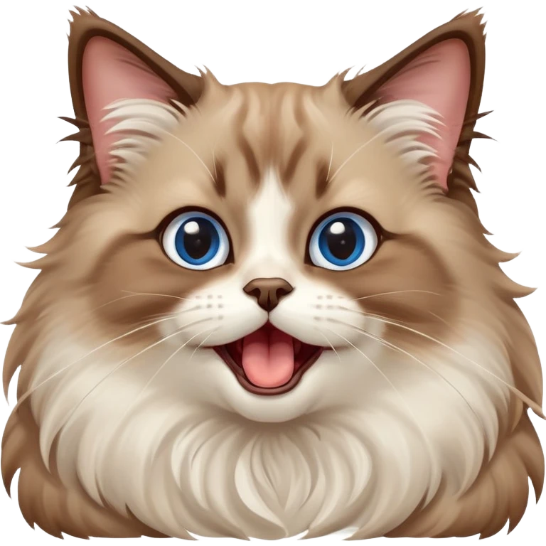 cinematic-adorable-big-eyed-fluffy-brown ragdoll-cat-portrait-emoji,-head-tilted-playfully-with-a-cute,-yawn,-soft-brown-and white-colored-fur-with-darker-points-on-the-ears,-simplified-yet-irresistibly-cute-features, sparkling blue eyes emoji