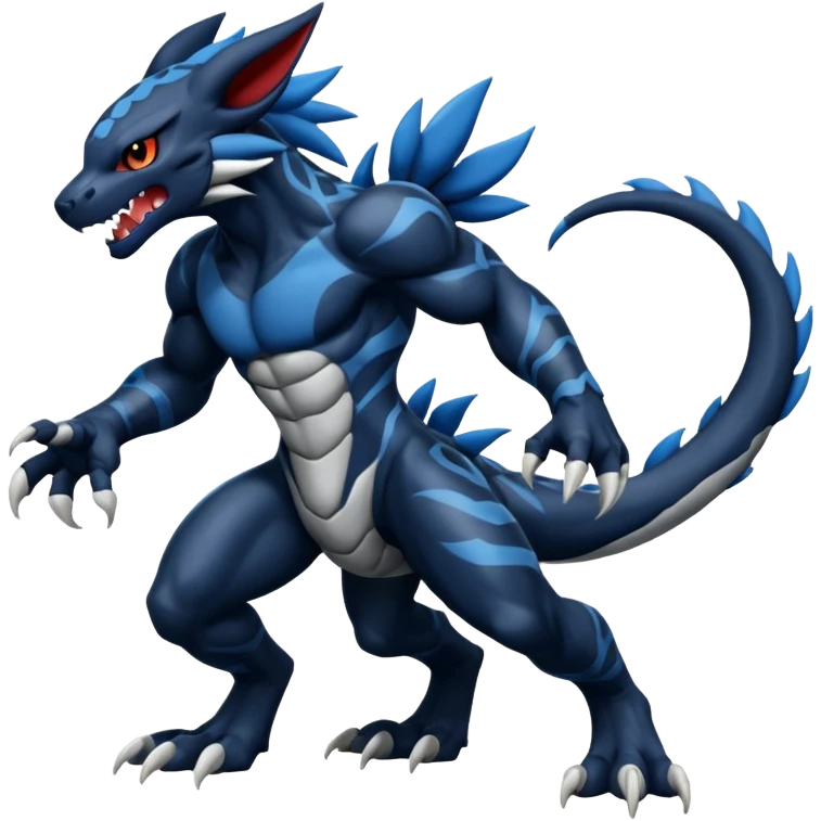 Black and Blue Venom-Stitch-WereGarurumon-Zekrom-Salandit-Sneasel-fusion, full body, tribal markings  emoji