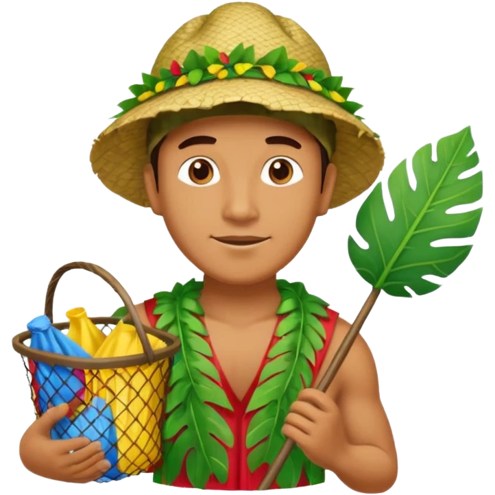 Hawaiian man with leaf hat and big trash net and colorful cloth emoji