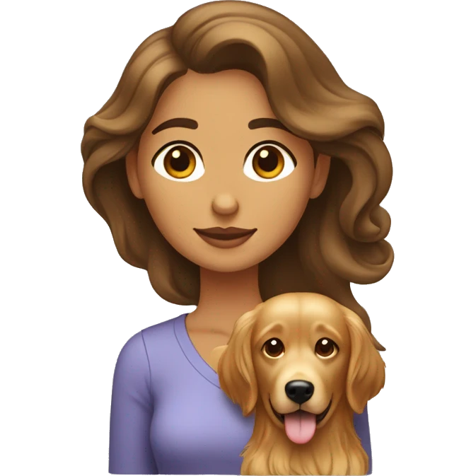 Mujer morena de pelo largo de color marrón oscuro con un perro golden retriver emoji