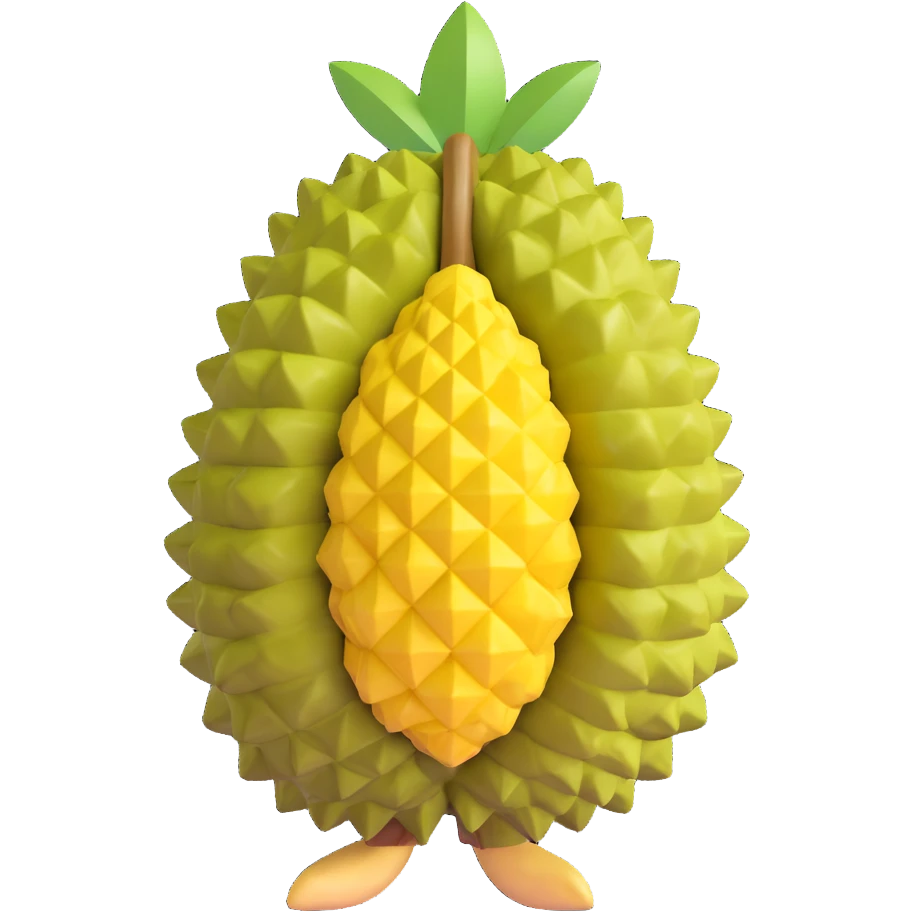 Remove all facial features including eyes, mouth, blush, and eyebrows from the durian character. Keep only the durian fruit shape, color, 3D style, stem, and feet. No facial expressions or emoji features remain. emoji
