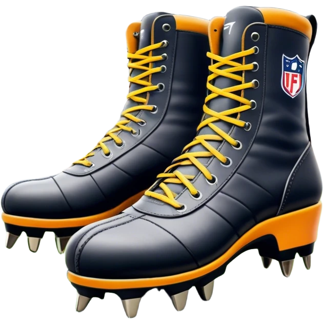 Cinematic Realistic image of a pair of AFL boots, showcasing detailed leather stitching and a rugged sole with fine cleat impressions, captured against a blurred stadium background with high-energy, dynamic lighting emoji