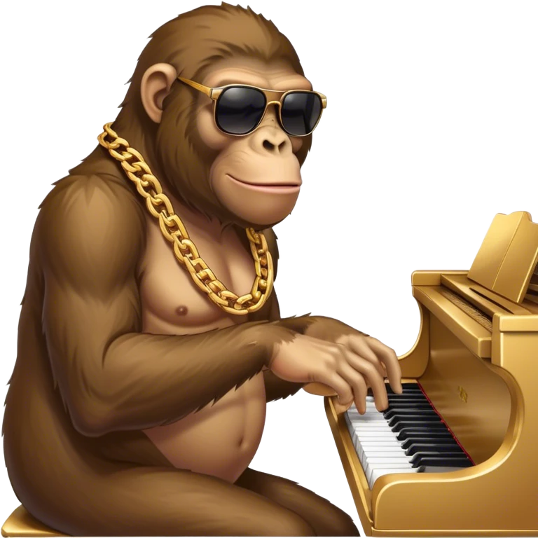 ape with big golden chain on the neck wearing sunglasses plays piano full height emoji