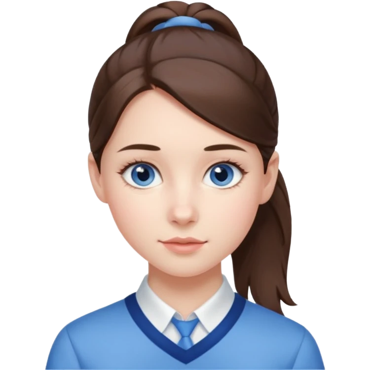 Realistic Student Portrait, with porcelain-like skin featuring a natural rosy flush, illuminated by soft lighting that highlights the gentle contours of her face. Her Brunette pony tail hair flows in soft, Her deep blue eyes radiate warmth and innocence,  wear light blue preppy style. emoji