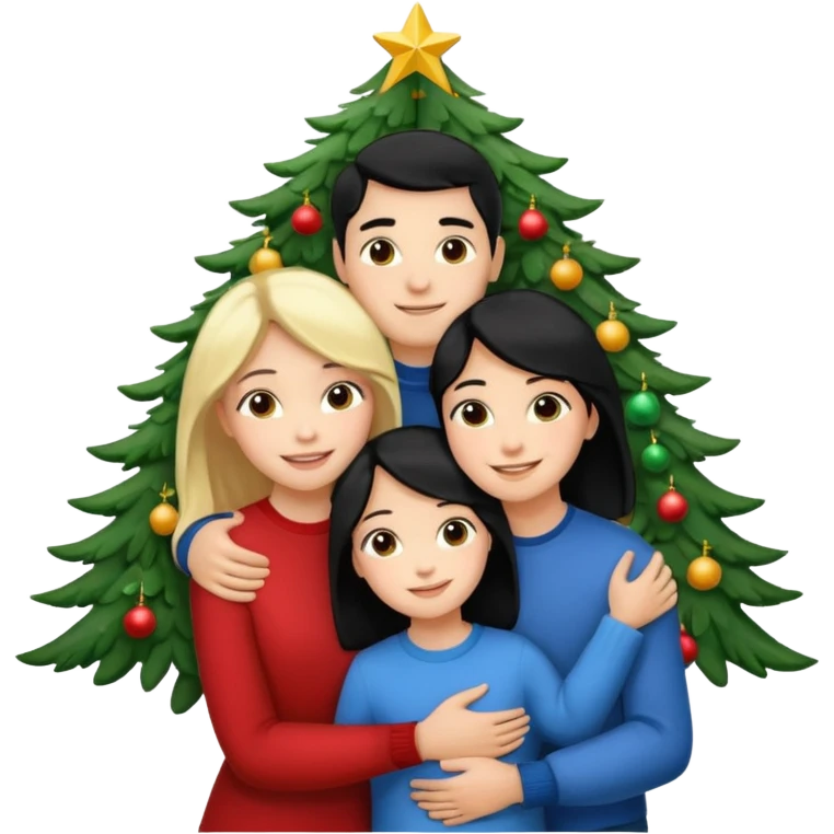 Generate Christmas-style emojis  family. Where light-skinned people stand near the tree all together, hugging and smiling. 2 girl should be Light-haired woman, 1 woman black-haired woman, and add 1 man  emoji