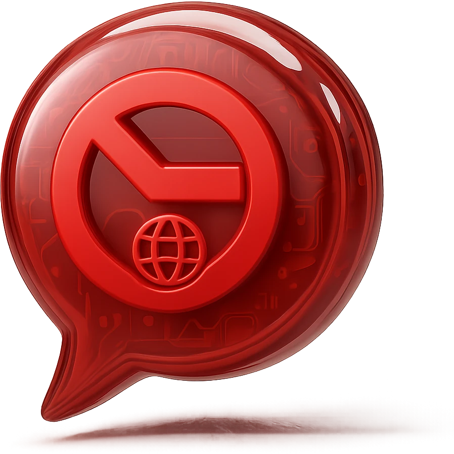 Create a Slack emoji icon in the glossy circuit style as the reference image. Show a minimalist red chat bubble with a red stop sign and a small globe or external link symbol, indicating a conversation blocked by an external party. The icon should be easy to recognize and clear at small size with bold lines and a glossy red chat bubble base. emoji