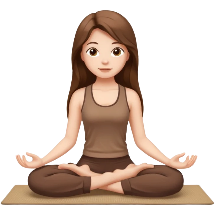 Brown long hair, white skin European girl sitting on a beige rug doing yoga, brown clothes emoji