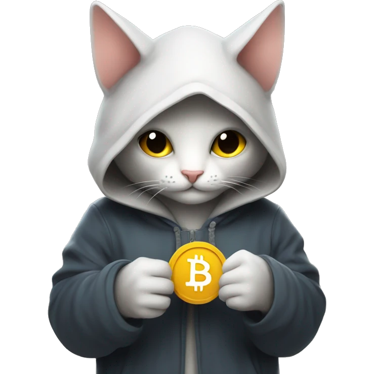 A hooded cat is holding btc in his hand , sweeter and night-themed emoji