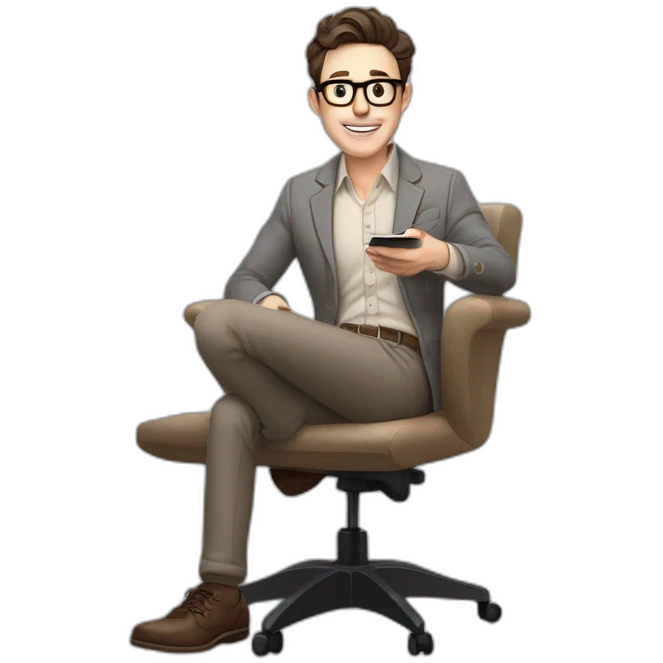 Pale skinned Fit Man With dark brown hair in gray jacket, beige office shirt, Brown pants and vintage glasses In the joke cap sitting In a soft chair with a notebook and a pen  emoji