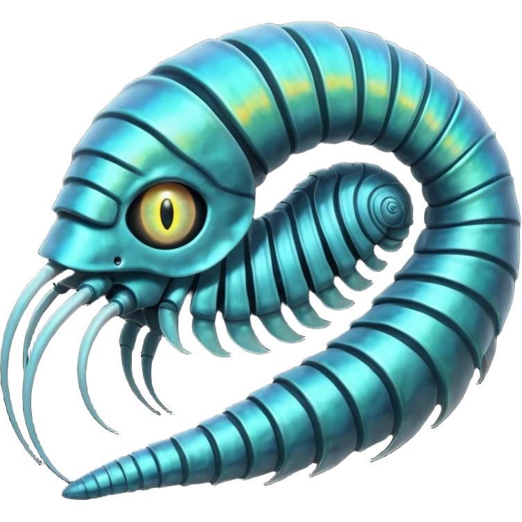 An iridescent, chitinous trilobite with glowing cyan eyes pulses rhythmically as a miniature black hole orbits its brow, distorting space-time. Its fractal-patterned exoskeleton shifts colors unsettlingly, and its mouth opens into a spiraling void that hums with forgotten whispers. emoji