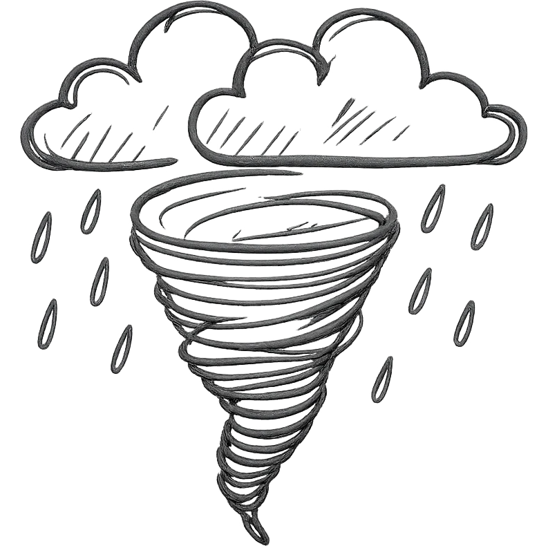 tornado with clouds and rain, hand drawn black outline icon, no fill, loose sketch emoji