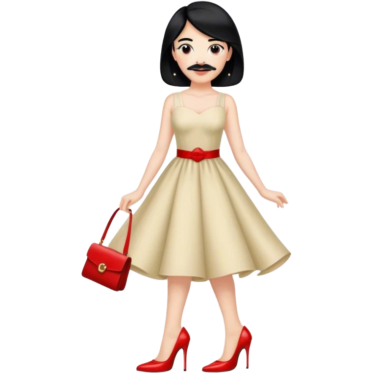 Guy in a dress and red high heels with black hair and black mustache  emoji