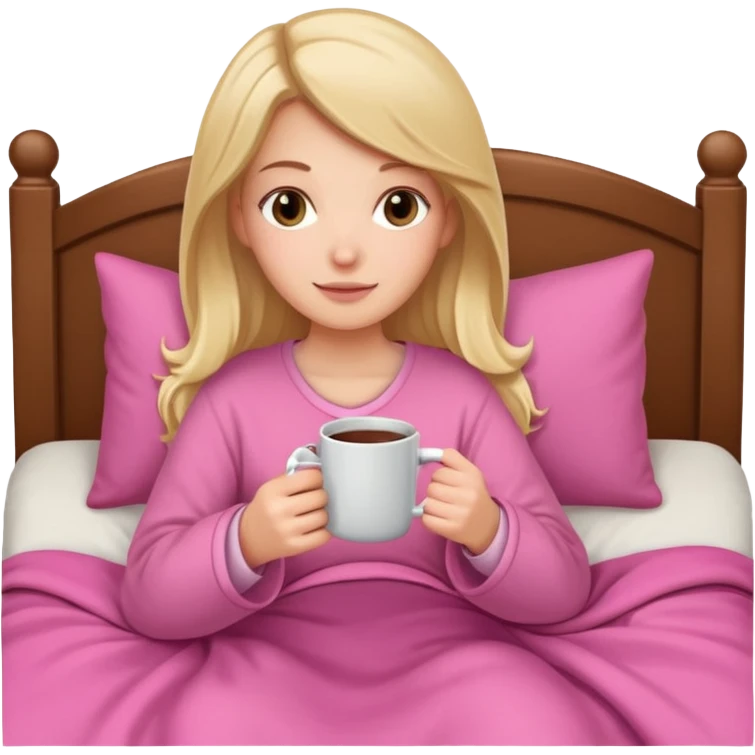A white girl in bed with a pink blanket on her lap holding a mug emoji