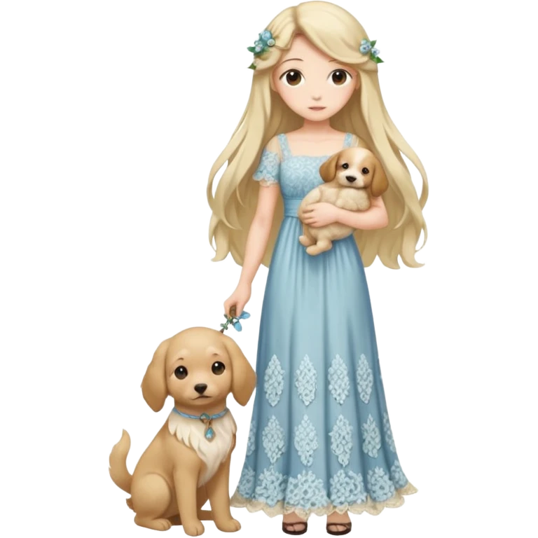 Pastel anime lady long hair with long lace dress full body holding puppy emoji
