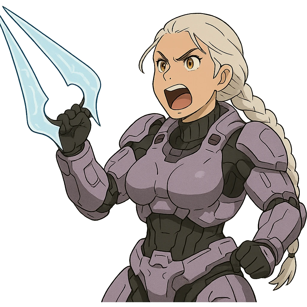 female, wearing reach spartan armor default, long white braid hair, gold yellow eyes, attention pose, HALO:series, no helmet, the armor is lavender color scheme, shoulder pad off. DDD bust size fitting. Punk gothic cyberpunk, brandishing a covenant energy sword, preparing to swing and yelling emoji