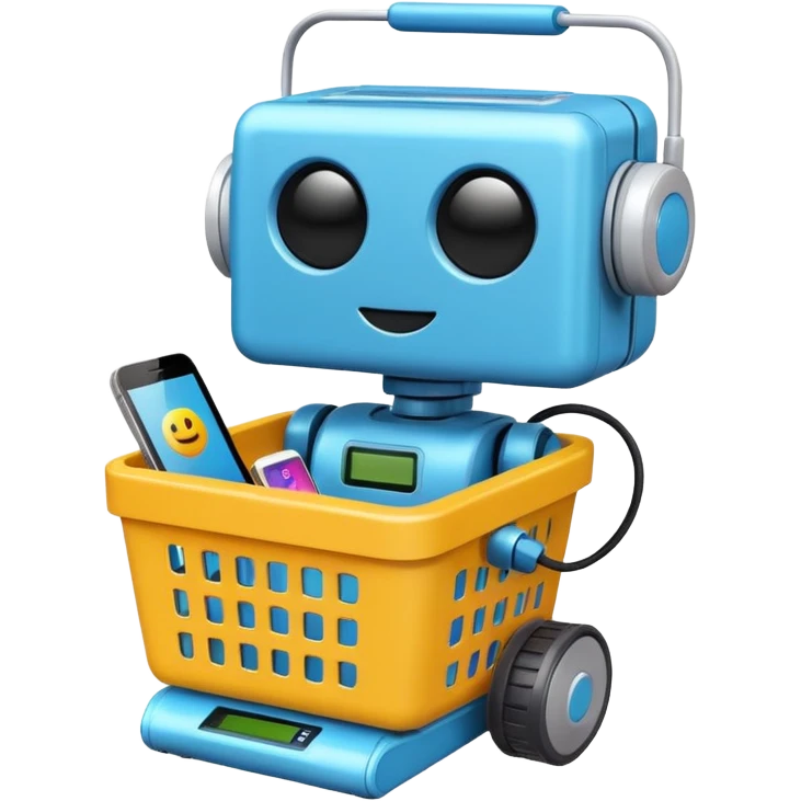 shopping basket containing robot toy, e-reader, portable charger emoji