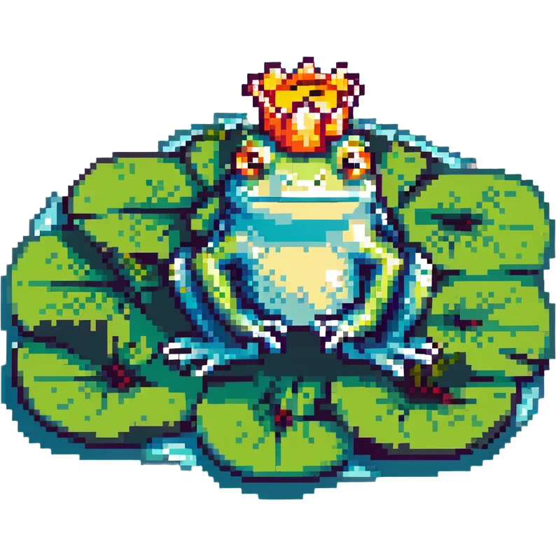 crowned frog sitting on a lily pad pixel art emoji