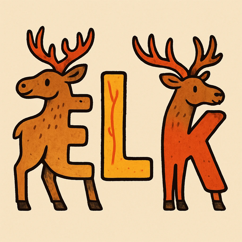The word ELK spelled out in creative, bold letters, each letter designed to resemble an elk or have elk antlers, playful and eye-catching. emoji