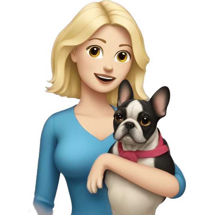 Blonde haired woman holding a French bulldog emoji
