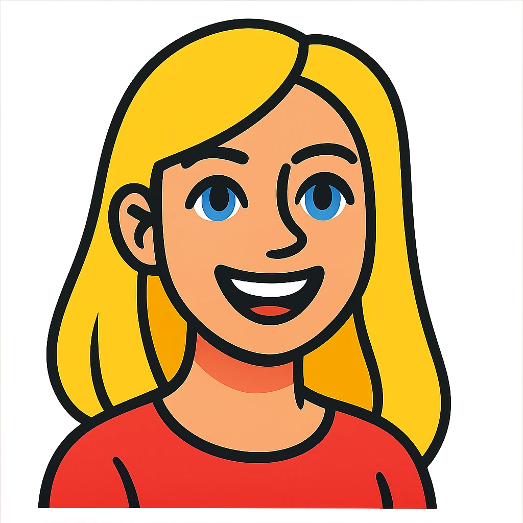 cartoon style portrait of a smiling female with long blonde hair and blue eyes emoji