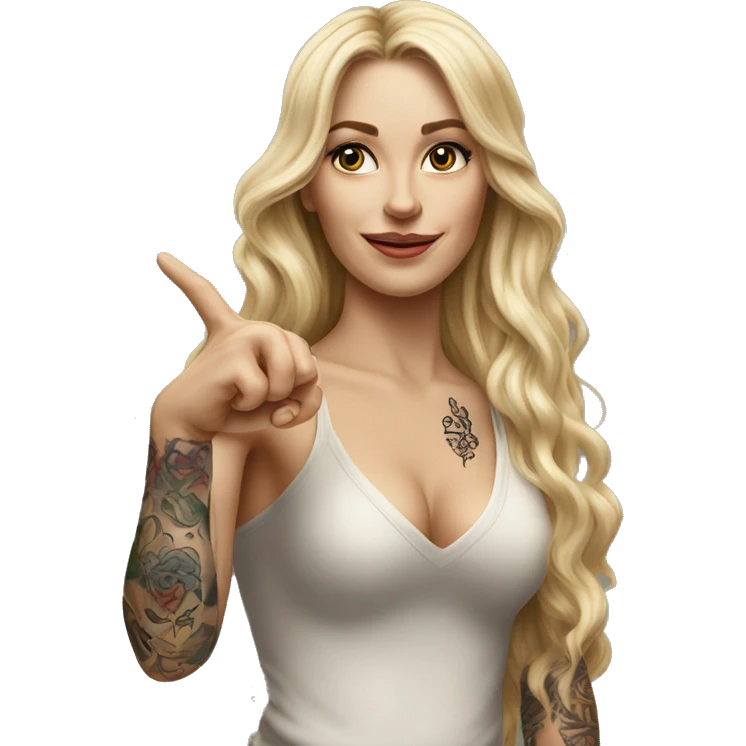 Blonde elegant women with LONG HAIR, her Body Covered with Tattoos, POINTING YOU FORWARD with her HAND with INDEX FINGER, Hyper realistic emoji