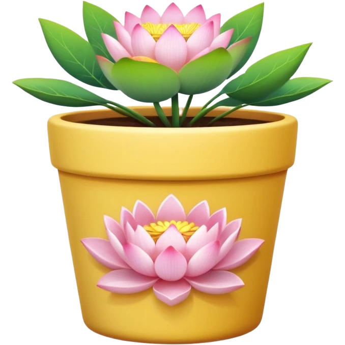Short, cylindrical ceramic flower pot in pastel yellow, containing a lotus flower plant. emoji