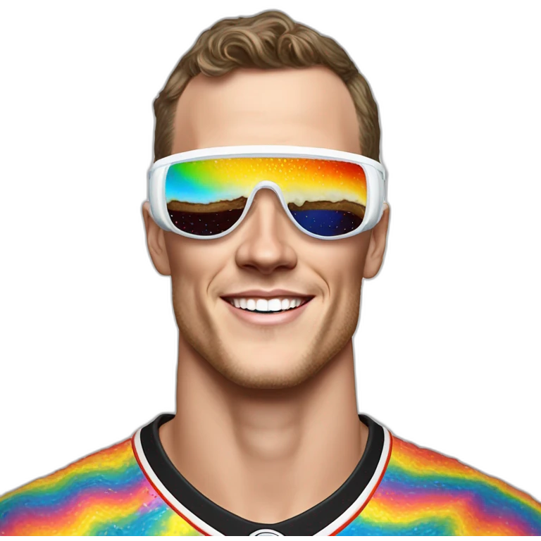 Fancy disco Jonathan Toews wearing rainbow lace shirt and wearing VR glasses and eating a moon pie emoji