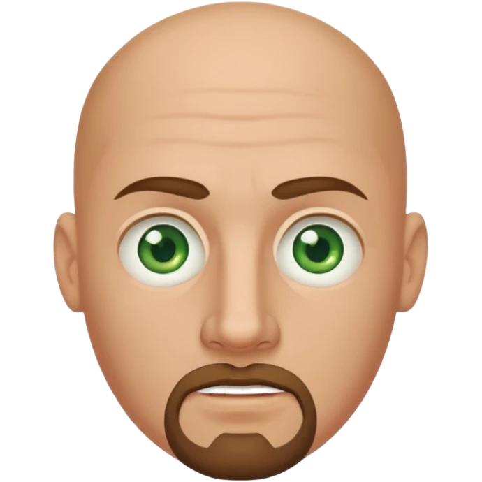 white caucasian bald man's face, with brown goatee and green eyes, oval face, rounded, big emoji