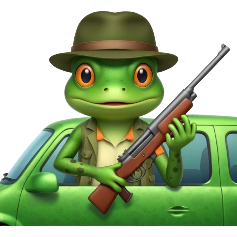 Frog with gun in back seat on moving van emoji