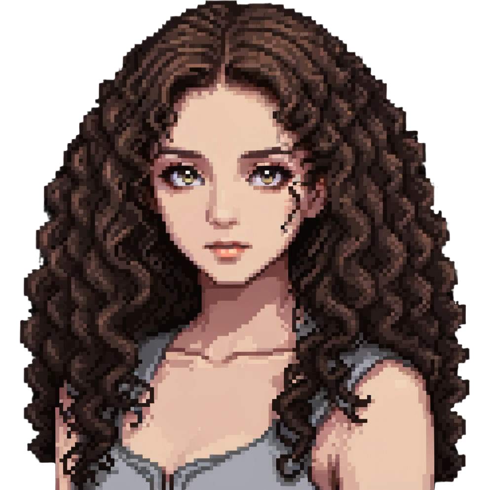 girl with longer curly hair parted on the side, dark eyes and light makeup emoji