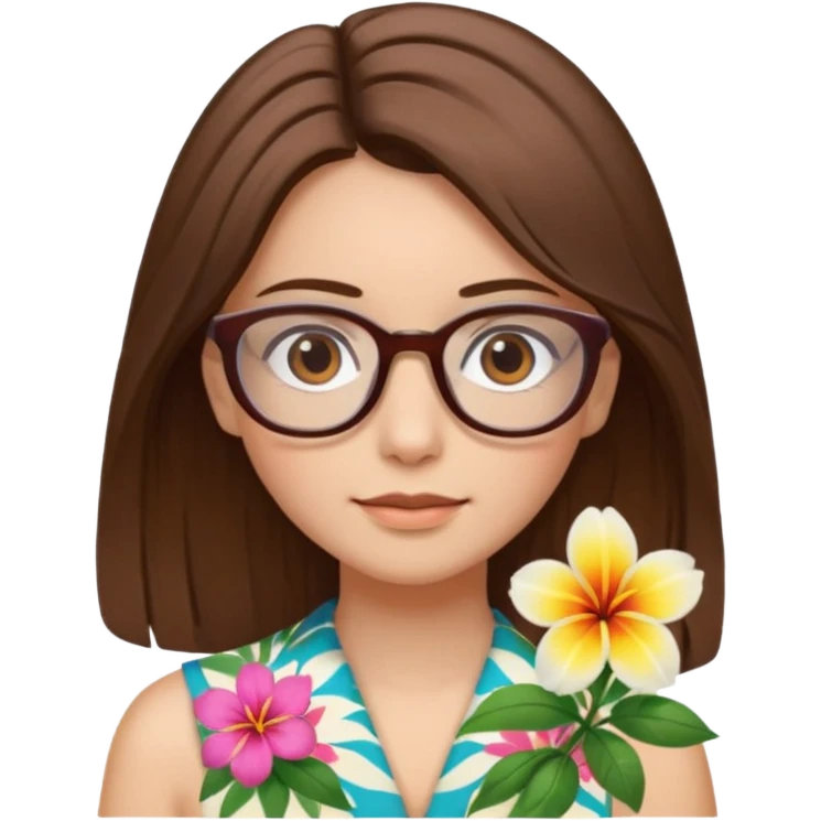 Hawaii female with fair skin. Shoulder length straight brown hair. Brown eyes with glasses. Hawaiian Flower in hair emoji