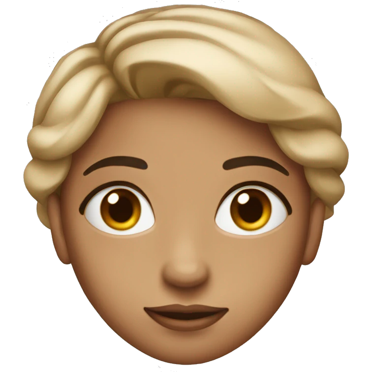 The woman has a face with soft and harmonious features. Her skin is clear, and her eyes are large and almond-shaped, projecting a kind look. She has defined eyebrows that frame her face well. emoji