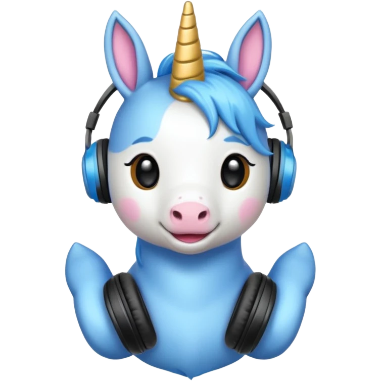 Unicornio bebé azul sentado escuchando música con auriculares negros emoji