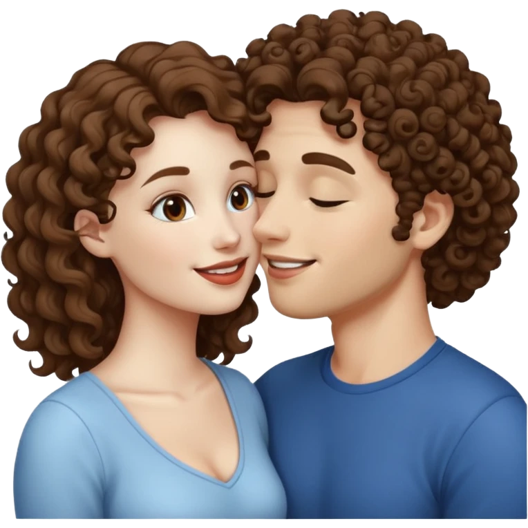 A couple kissing, the man would be white-skinned, curly, brown-hair. The serious woman with white skin, brown color emoji