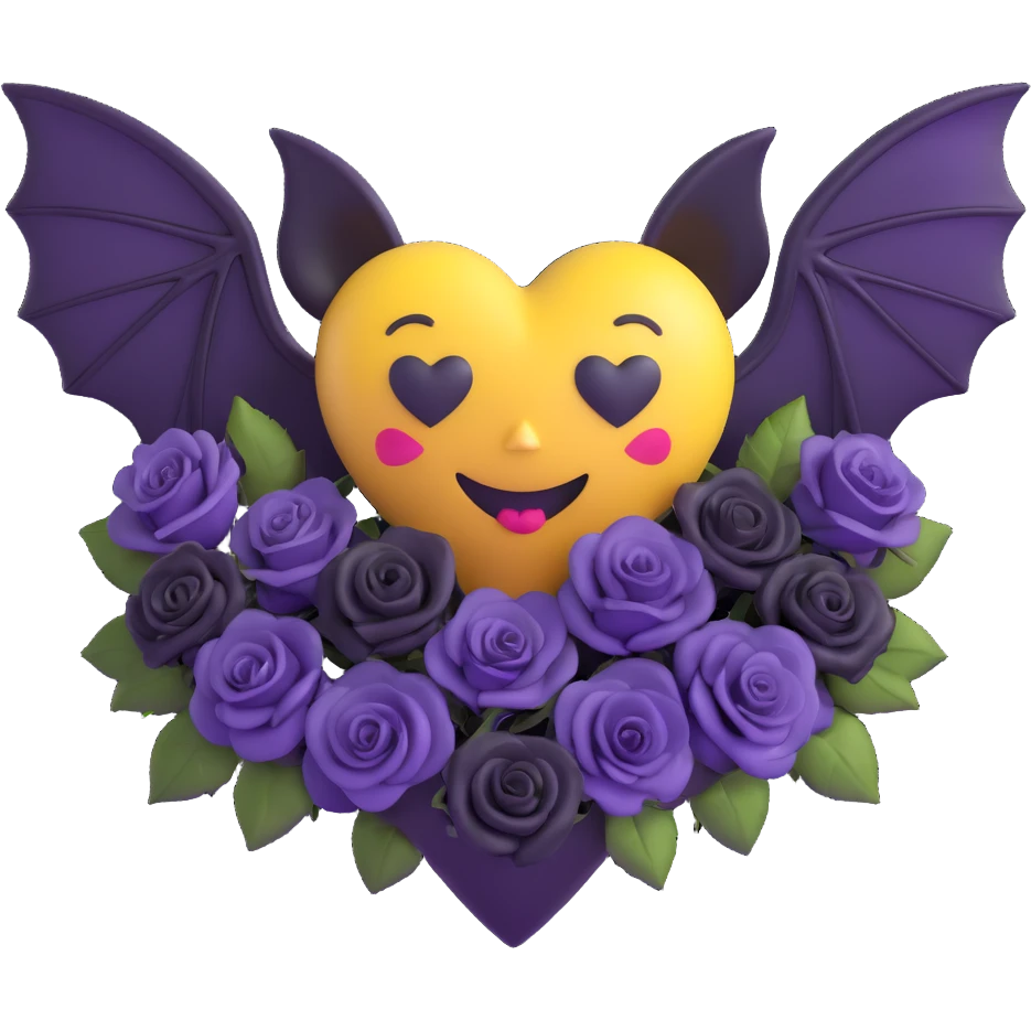 3D emoji gothic heart, dark purple velvet, silver bat wings, tiny black roses emoji