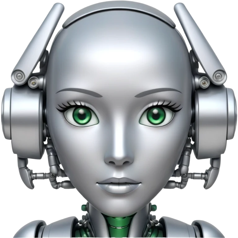 Gorgeous female intricate robot head and shoulders silver with green eyes emoji