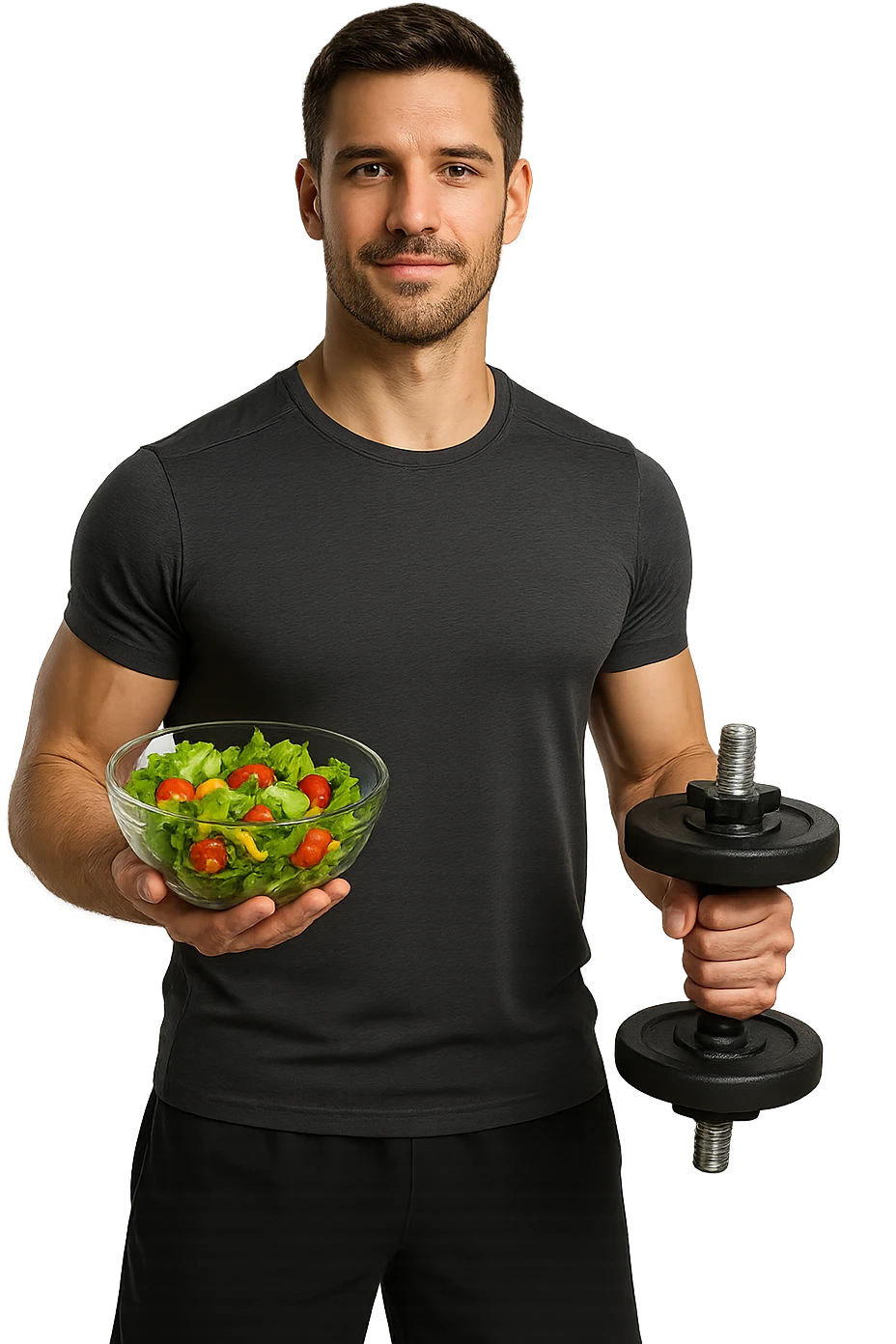 uomo fitness che fa ha un insalata nella mano destra e un manubrio da palestra nella mano sinistra emoji