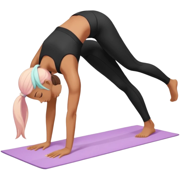 	A woman doing downward dog pose on a yoga mat, black outfit, serene background with soft pastel colors and stars. emoji