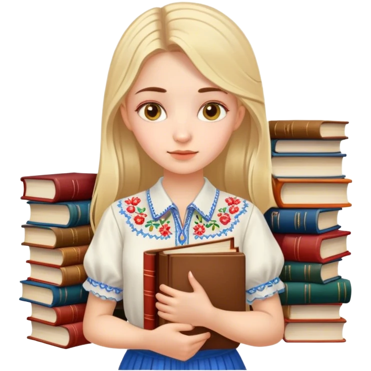 A Ukrainian girl in an embroidered shirt holds many books emoji