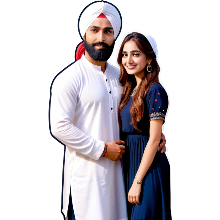 Punjabi men in white turban girl next to him, girl is very beautiful with long brown hair and white skin wearing beautiful dress emoji