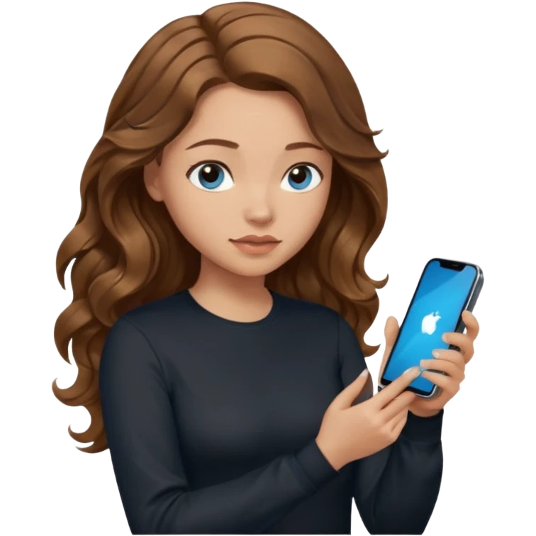 generate a pretty woman with blue eyes, light skin and medium brown long wavyshiny hair holding a phone she is looking at the phone while looking down at the screen. she is wearing an ALL black long sleeve emoji