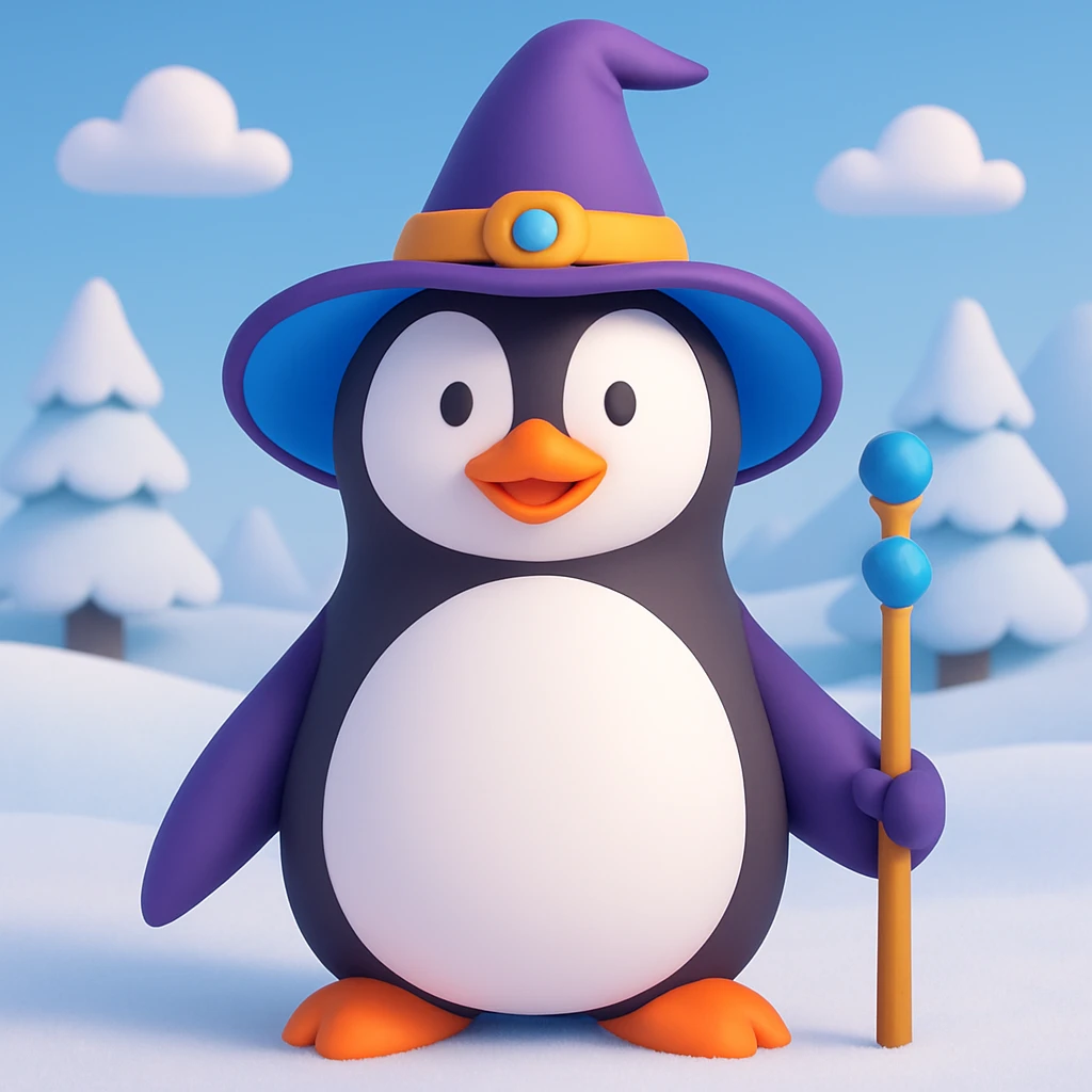 Make a snowy landscape background behind the penguin wizard, keep all original colours and lighting in 3d emoji style emoji