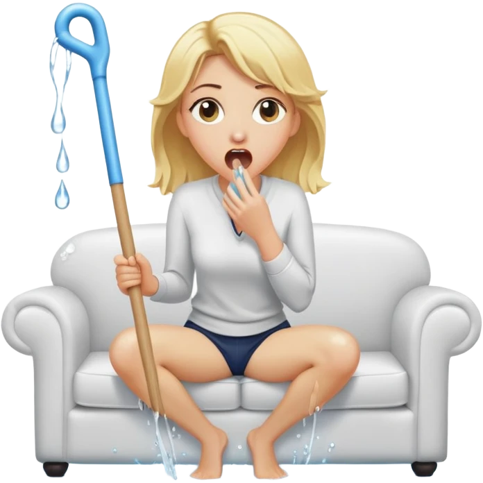 simple blond woman kneeling, surprised, big cartoon stick with D-shaped knob emerging from hanging pants, water splash into her mouth, white sofa in the background emoji